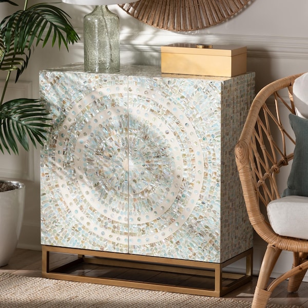 Baxton Studio Quintus Modern Bohemian Multicolor Mother of Pearl and Gold Metal Storage Cabinet - 240-13473-ZORO