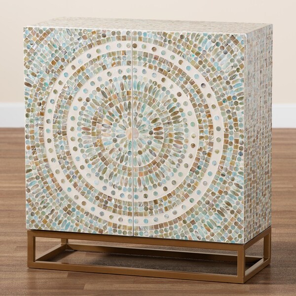 Baxton Studio Quintus Modern Bohemian Multicolor Mother of Pearl and Gold Metal Storage Cabinet - 240-13473-ZORO