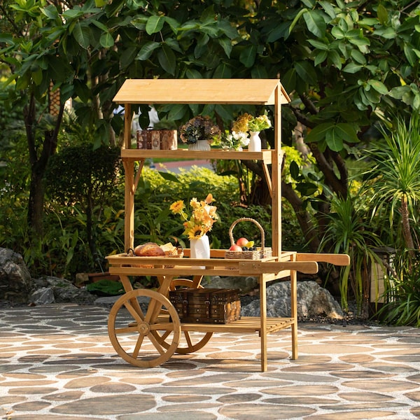 Vintiquewise Wooden 3 Tier Rolling Table Cart With 2 Wheels - QI004640