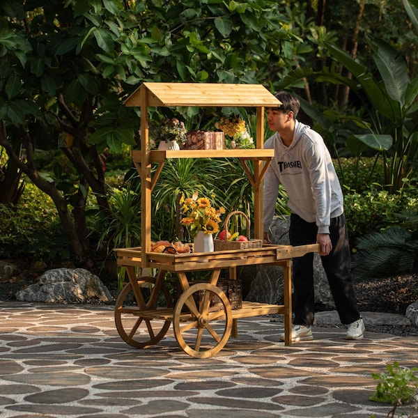 Vintiquewise Wooden 3 Tier Rolling Table Cart With 2 Wheels - QI004640