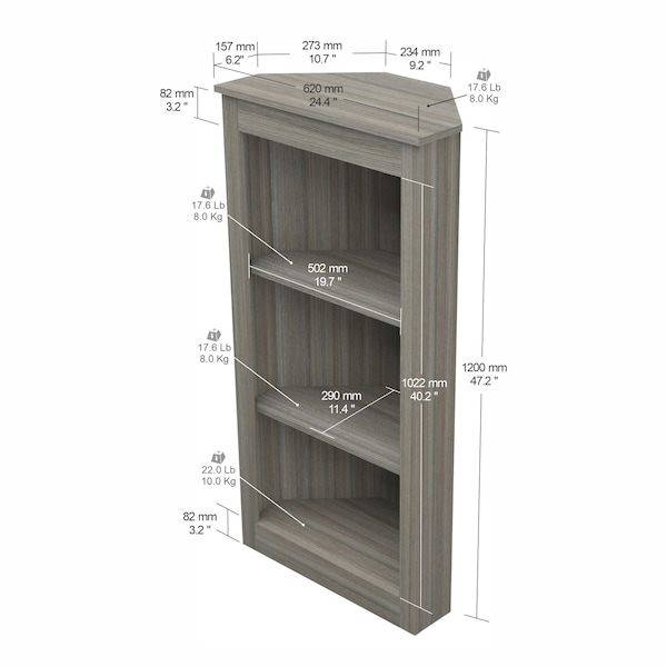 Inval Corner Bookshelf Wall Unit 47.24 in. H 3-shelf in Smoke Oak - BE-12704