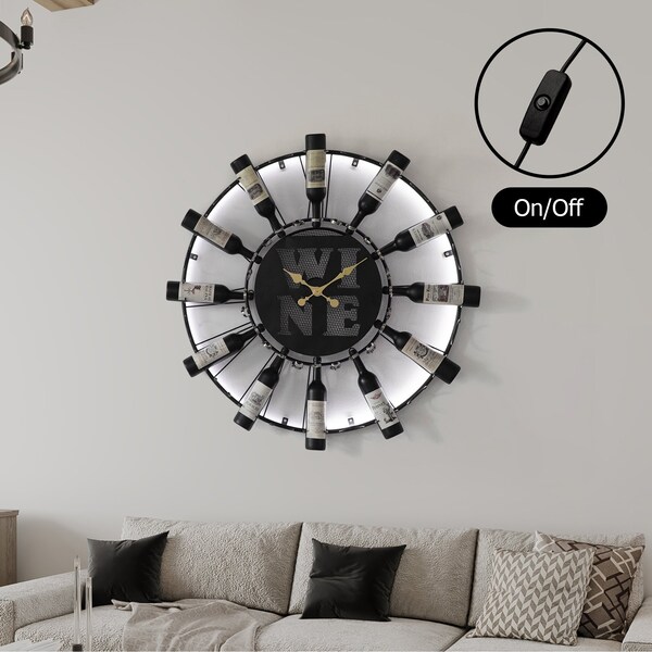 Vintiquewise Large Clock Wall-Mount Metal Wine Shelf - 24-Bottle Rack with Mesh Cork Basket and LED Light - - QI004687