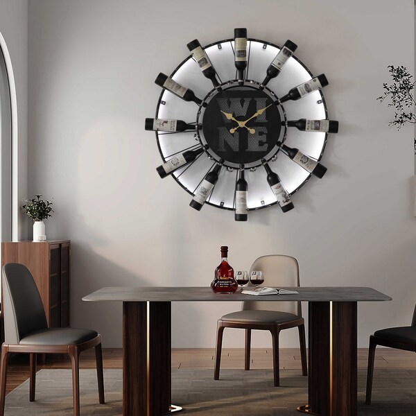 Vintiquewise Large Clock Wall-Mount Metal Wine Shelf - 24-Bottle Rack with Mesh Cork Basket and LED Light - - QI004687