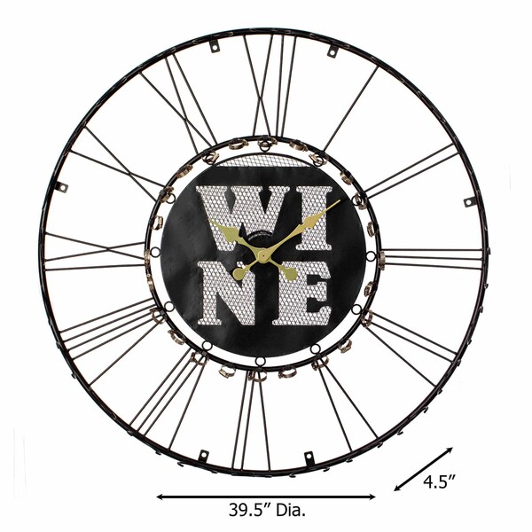 Vintiquewise Large Clock Wall-Mount Metal Wine Shelf - 24-Bottle Rack with Mesh Cork Basket and LED Light - - QI004687