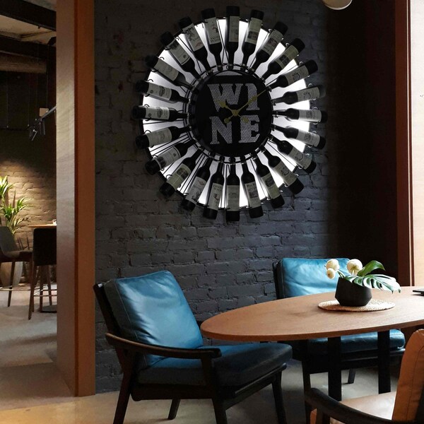 Vintiquewise Large Clock Wall-Mount Metal Wine Shelf - 24-Bottle Rack with Mesh Cork Basket and LED Light - - QI004687