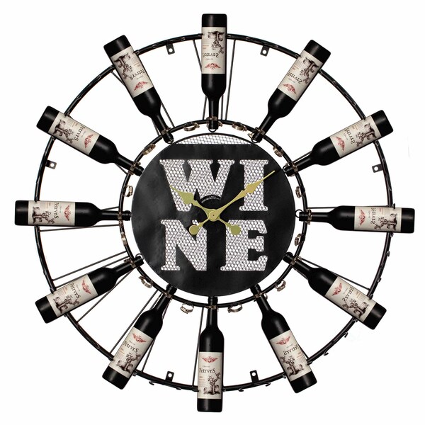 Vintiquewise Large Clock Wall-Mount Metal Wine Shelf - 24-Bottle Rack with Mesh Cork Basket and LED Light - - QI004687