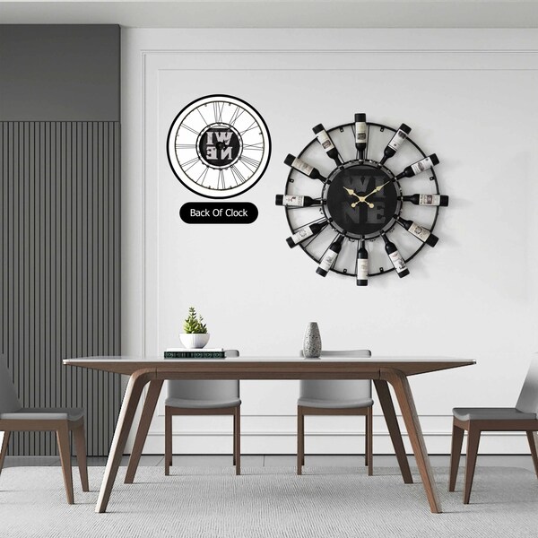 Vintiquewise Large Clock Wall-Mount Metal Wine Shelf - 24-Bottle Rack with Mesh Cork Basket and LED Light - - QI004687