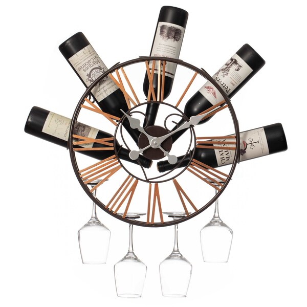 Vintiquewise Wall-Mounted Clock Design Wine Holder with Stemware Rack - Unique Shelf for Champagne, White & - QI004686
