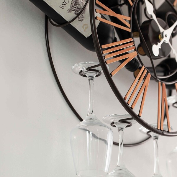 Vintiquewise Wall-Mounted Clock Design Wine Holder with Stemware Rack - Unique Shelf for Champagne, White & - QI004686