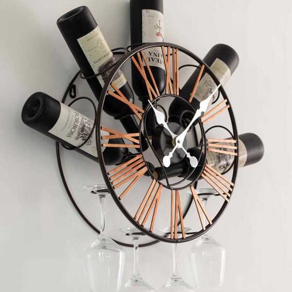 Vintiquewise Wall-Mounted Clock Design Wine Holder with Stemware Rack - Unique Shelf for Champagne, White & - QI004686