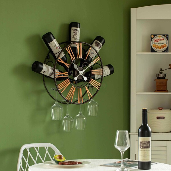 Vintiquewise Wall-Mounted Clock Design Wine Holder with Stemware Rack - Unique Shelf for Champagne, White & - QI004686