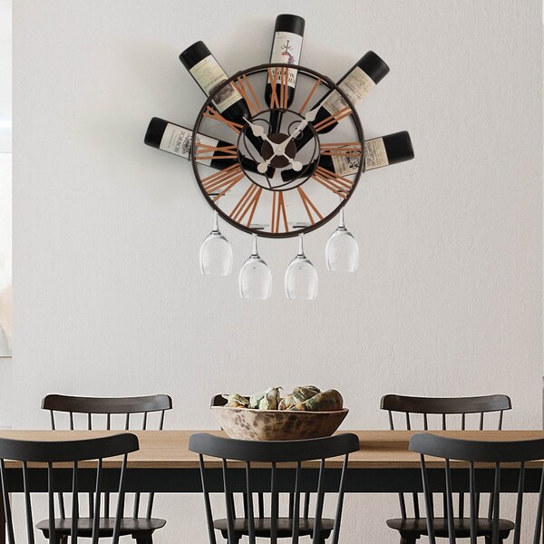 Vintiquewise Wall-Mounted Clock Design Wine Holder with Stemware Rack - Unique Shelf for Champagne, White & - QI004686