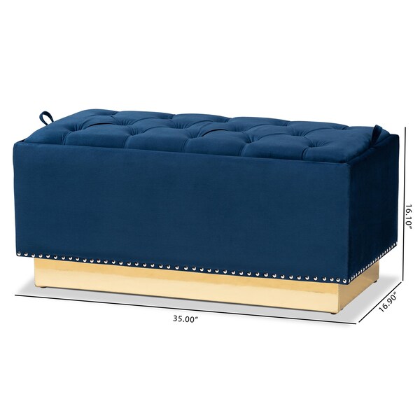 Baxton Studio Powell Glam and Luxe Navy Blue Velvet Fabric and Gold PU Leather Storage Ottoman - 175-11238-ZORO