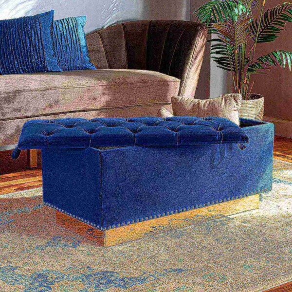 Baxton Studio Powell Glam and Luxe Navy Blue Velvet Fabric and Gold PU Leather Storage Ottoman - 175-11238-ZORO