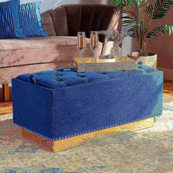 Baxton Studio Powell Glam and Luxe Navy Blue Velvet Fabric and Gold PU Leather Storage Ottoman - 175-11238-ZORO