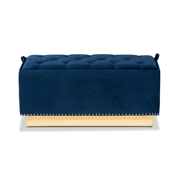 Baxton Studio Powell Glam and Luxe Navy Blue Velvet Fabric and Gold PU Leather Storage Ottoman - 175-11238-ZORO