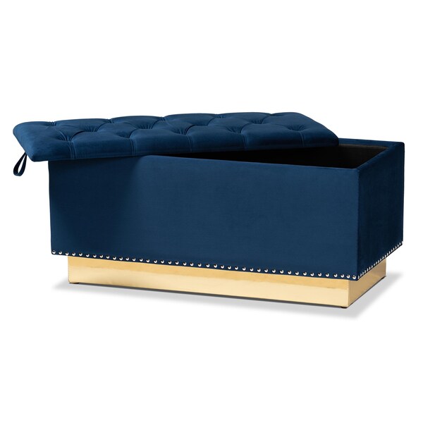 Baxton Studio Powell Glam and Luxe Navy Blue Velvet Fabric and Gold PU Leather Storage Ottoman - 175-11238-ZORO