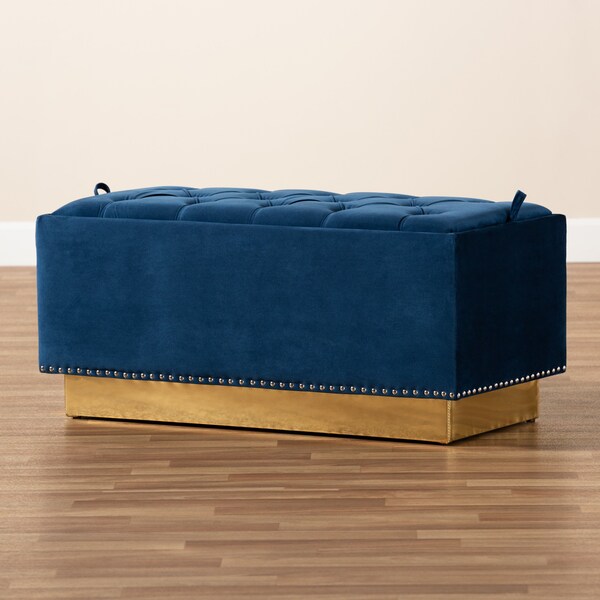 Baxton Studio Powell Glam and Luxe Navy Blue Velvet Fabric and Gold PU Leather Storage Ottoman - 175-11238-ZORO