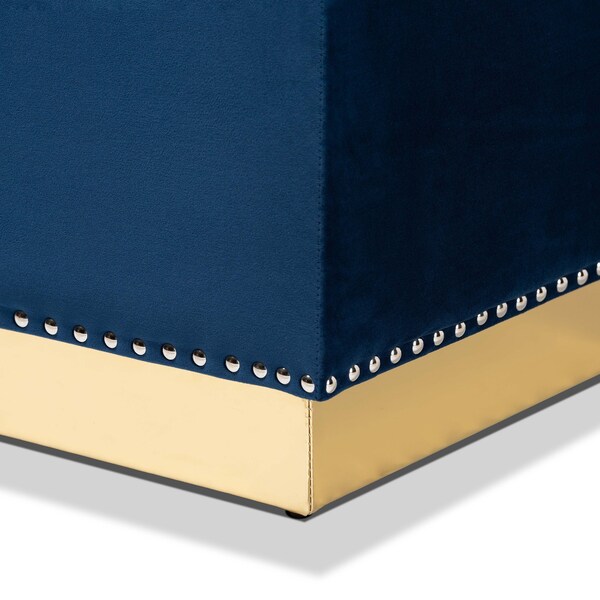 Baxton Studio Powell Glam and Luxe Navy Blue Velvet Fabric and Gold PU Leather Storage Ottoman - 175-11238-ZORO