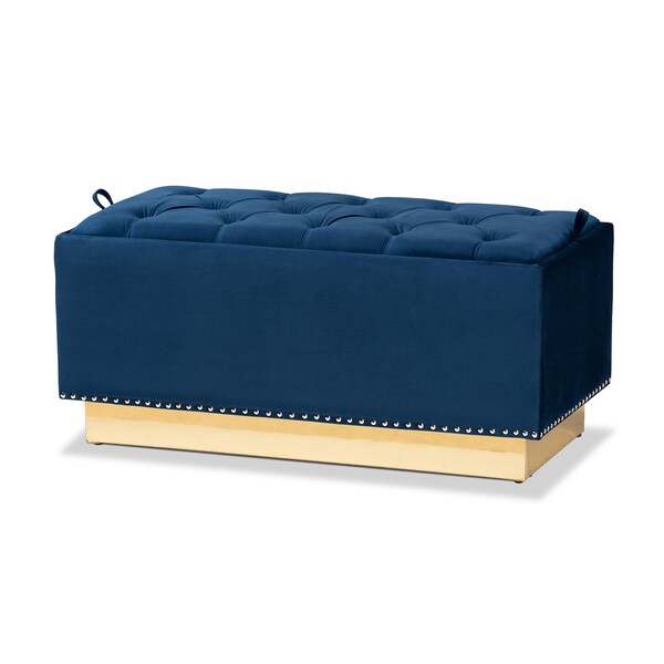 Baxton Studio Powell Glam and Luxe Navy Blue Velvet Fabric and Gold PU Leather Storage Ottoman - 175-11238-ZORO