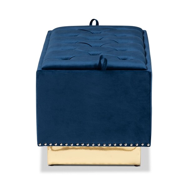 Baxton Studio Powell Glam and Luxe Navy Blue Velvet Fabric and Gold PU Leather Storage Ottoman - 175-11238-ZORO