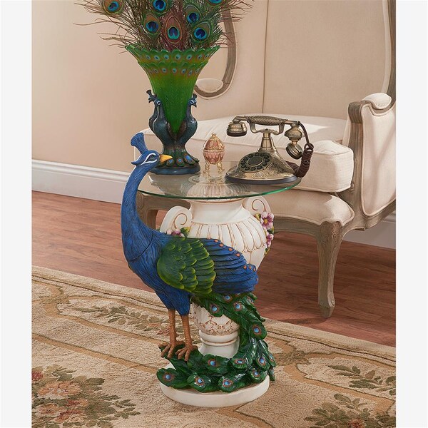 Design Toscano Staverden Castle Peacock Sculptural Glass-Topped Table - KY4128