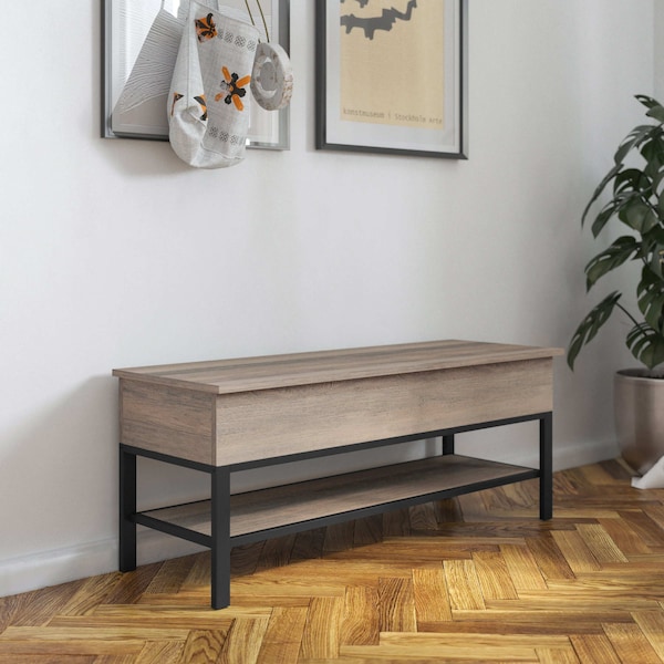 Flash Furniture Entryway Storage Bench with Lower Shelf Perfect for Entryway, Mudroom, or Bedroom in Gray Wash - ZG-075-GY-GG