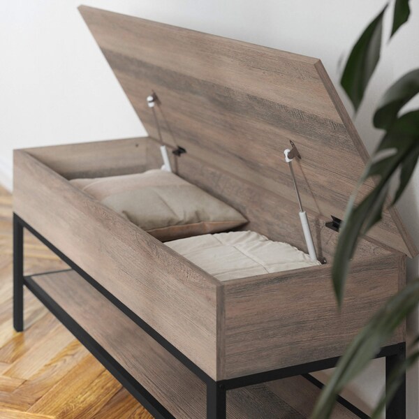Flash Furniture Entryway Storage Bench with Lower Shelf Perfect for Entryway, Mudroom, or Bedroom in Gray Wash - ZG-075-GY-GG