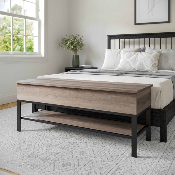 Flash Furniture Entryway Storage Bench with Lower Shelf Perfect for Entryway, Mudroom, or Bedroom in Gray Wash - ZG-075-GY-GG