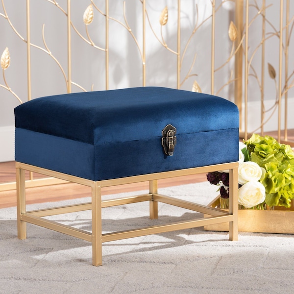 Baxton Studio Aliana Glam and Luxe Navy Blue Velvet Fabric and Gold Finished Metal Small Storage Ottoman - 182-11565-ZORO