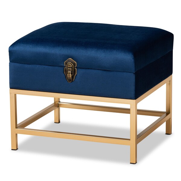 Baxton Studio Aliana Glam and Luxe Navy Blue Velvet Fabric and Gold Finished Metal Small Storage Ottoman - 182-11565-ZORO