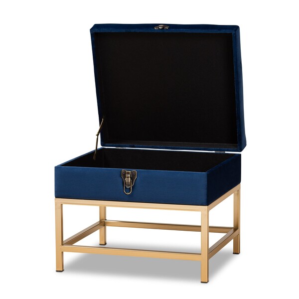 Baxton Studio Aliana Glam and Luxe Navy Blue Velvet Fabric and Gold Finished Metal Small Storage Ottoman - 182-11565-ZORO