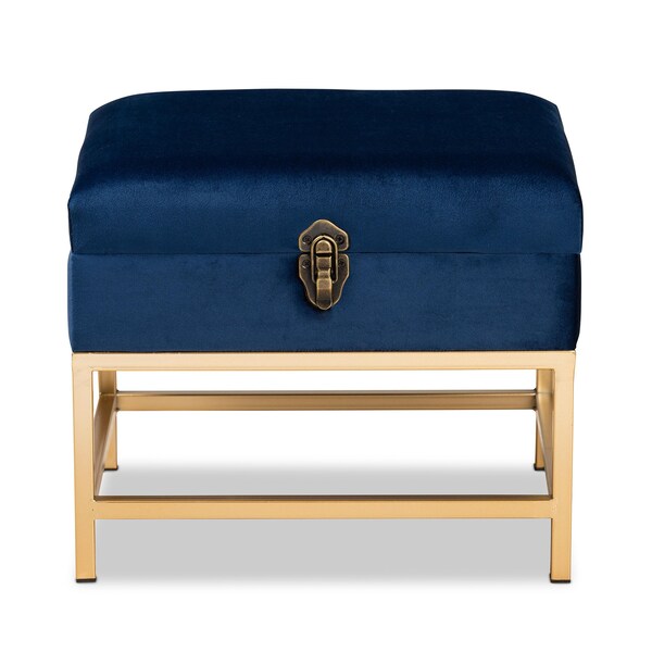Baxton Studio Aliana Glam and Luxe Navy Blue Velvet Fabric and Gold Finished Metal Small Storage Ottoman - 182-11565-ZORO