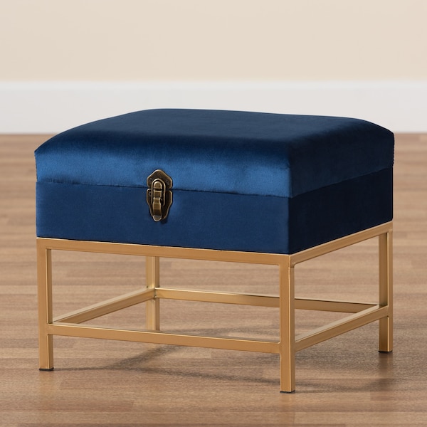 Baxton Studio Aliana Glam and Luxe Navy Blue Velvet Fabric and Gold Finished Metal Small Storage Ottoman - 182-11565-ZORO