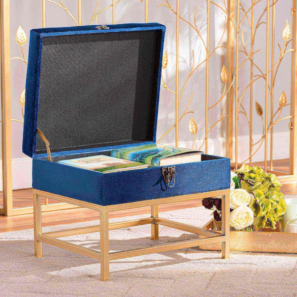 Baxton Studio Aliana Glam and Luxe Navy Blue Velvet Fabric and Gold Finished Metal Small Storage Ottoman - 182-11565-ZORO