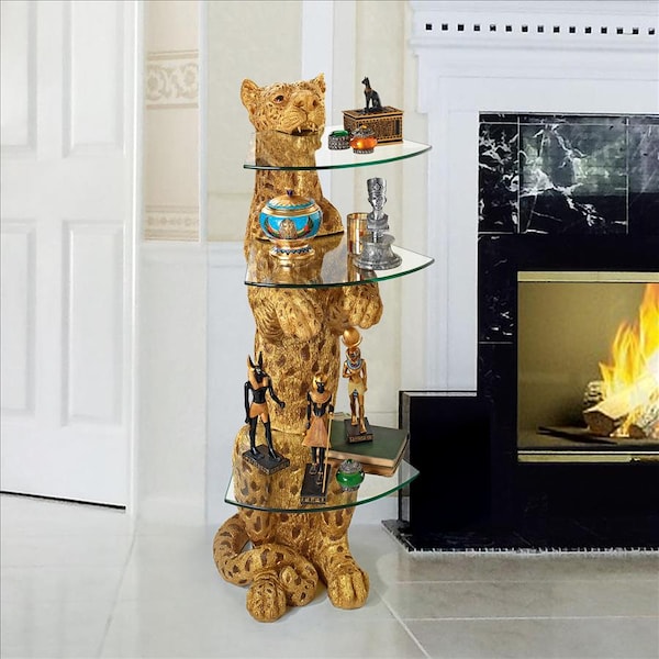 Design Toscano Royal Egyptian Cheetah Sculptural Glass-Shelved Pedestal Table - KY1872