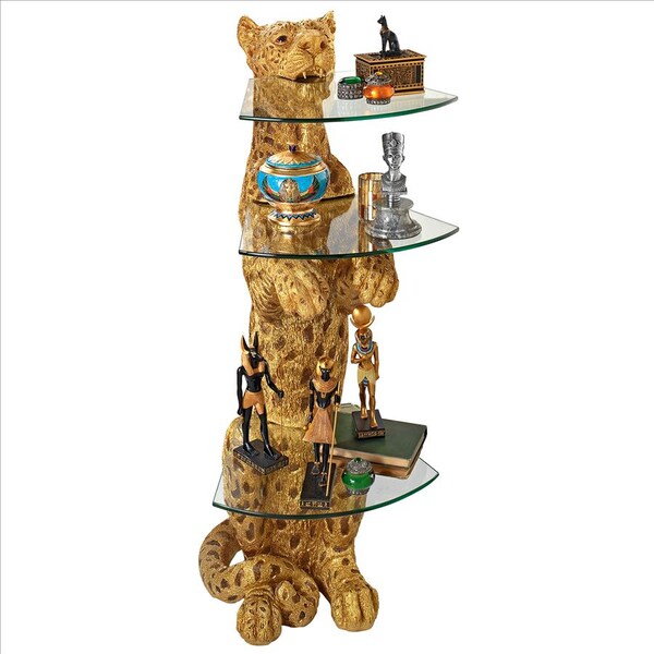 Design Toscano Royal Egyptian Cheetah Sculptural Glass-Shelved Pedestal Table - KY1872