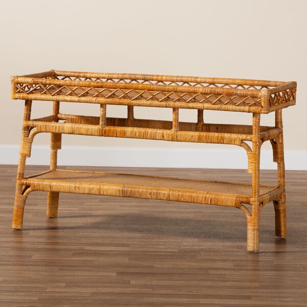 Bali & Pari Savitri Modern Bohemian Natural Rattan 2-Tier Console Table - 243-13398-ZORO