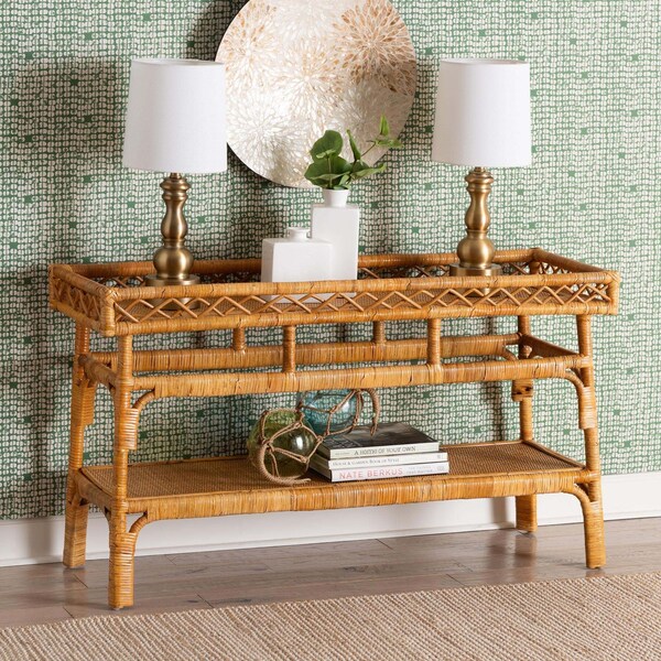 Bali & Pari Savitri Modern Bohemian Natural Rattan 2-Tier Console Table - 243-13398-ZORO