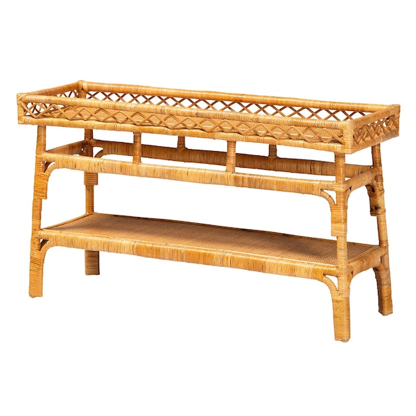 Bali & Pari Savitri Modern Bohemian Natural Rattan 2-Tier Console Table - 243-13398-ZORO