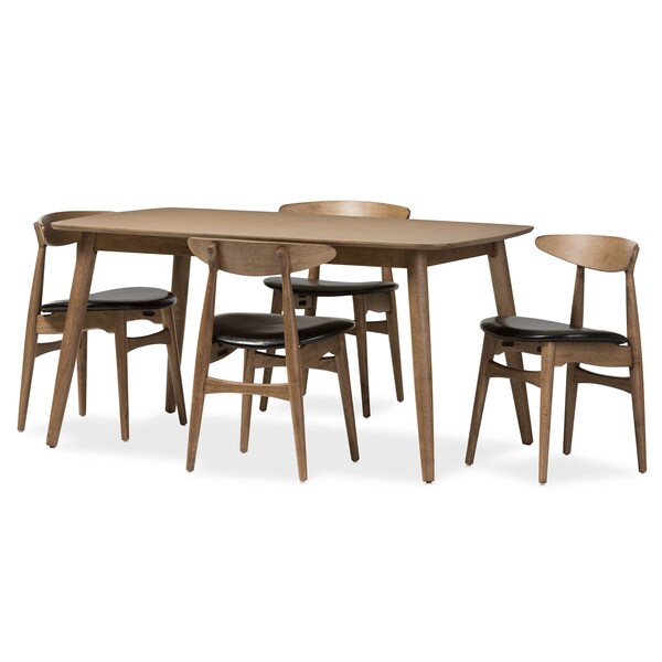 Baxton Studio Edna Black Faux Leather and "Oak" Finishing Wood 5-PC Dining Set - 126-6941-6942
