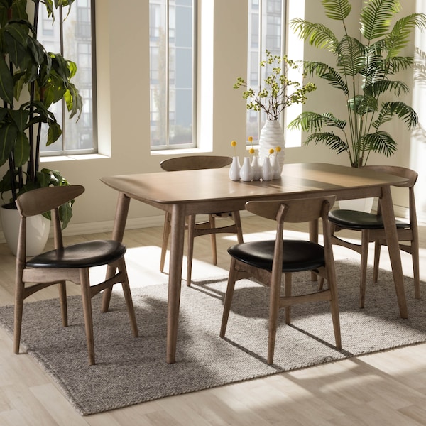 Baxton Studio Edna Black Faux Leather and "Oak" Finishing Wood 5-PC Dining Set - 126-6941-6942
