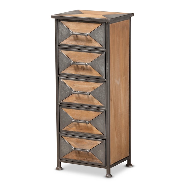 Baxton Studio Laurel Rustic Antique Grey Metal and Whitewashed Oak Brown Wood 5-Drawer Accent Storage Cabinet - 182-11735-ZORO