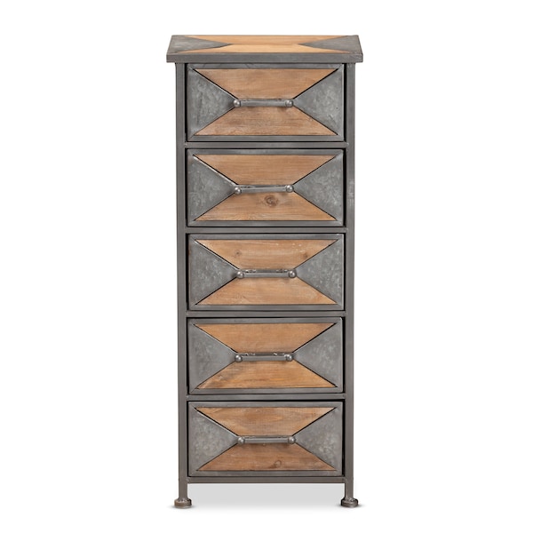 Baxton Studio Laurel Rustic Antique Grey Metal and Whitewashed Oak Brown Wood 5-Drawer Accent Storage Cabinet - 182-11735-ZORO