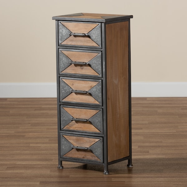 Baxton Studio Laurel Rustic Antique Grey Metal and Whitewashed Oak Brown Wood 5-Drawer Accent Storage Cabinet - 182-11735-ZORO