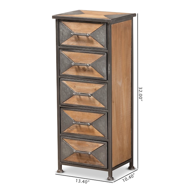 Baxton Studio Laurel Rustic Antique Grey Metal and Whitewashed Oak Brown Wood 5-Drawer Accent Storage Cabinet - 182-11735-ZORO