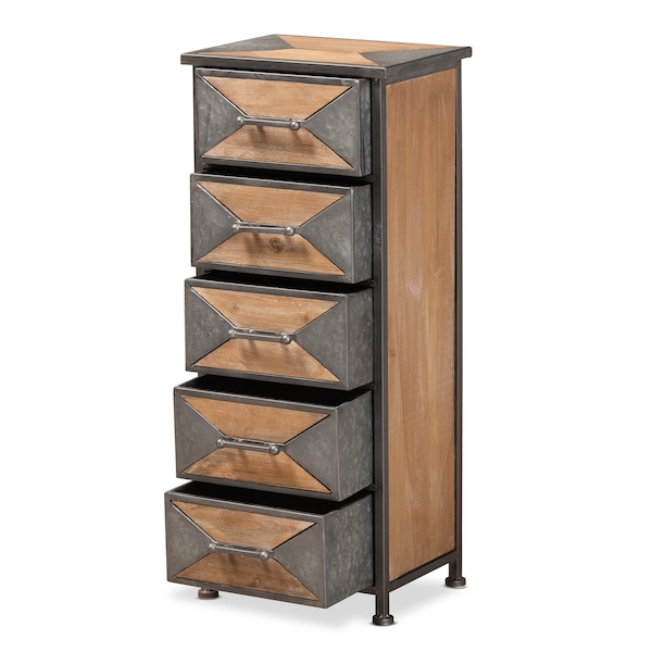 Baxton Studio Laurel Rustic Antique Grey Metal and Whitewashed Oak Brown Wood 5-Drawer Accent Storage Cabinet - 182-11735-ZORO