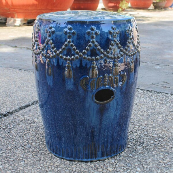International Caravan Tasseled Drum Creamic Garden Stool, Navy Blue Glaze - OPG-068-NV