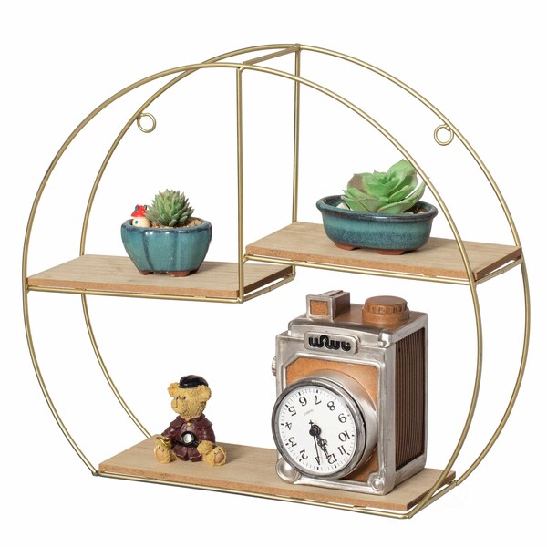Vintiquewise Elegant 3-Tier Decorative Floating Geometric Arc Wall Shelf - Semi-Circular Metal and Wood - QI004691.3DG