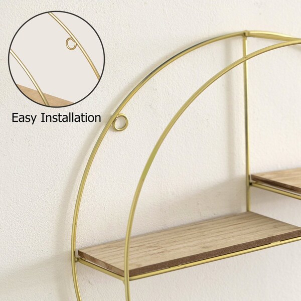 Vintiquewise Elegant 3-Tier Decorative Floating Geometric Arc Wall Shelf - Semi-Circular Metal and Wood - QI004691.3DG